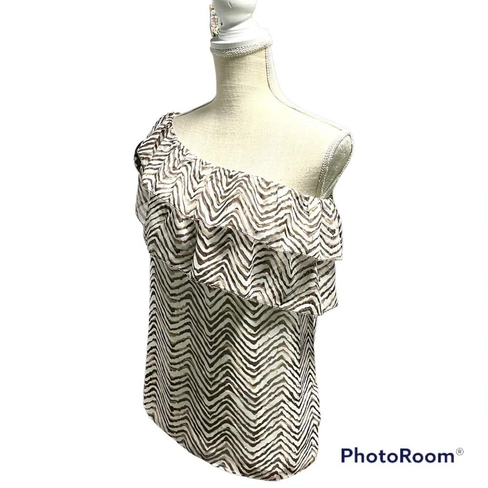 White House Black Market Zebra print gold accents Flounce Blouse - Picture 4 of 7